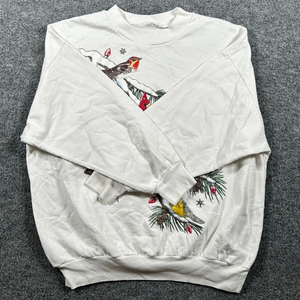 Unbranded Sweatshirt Womens Size L White Vintage Christmas Birds Graphic Holiday